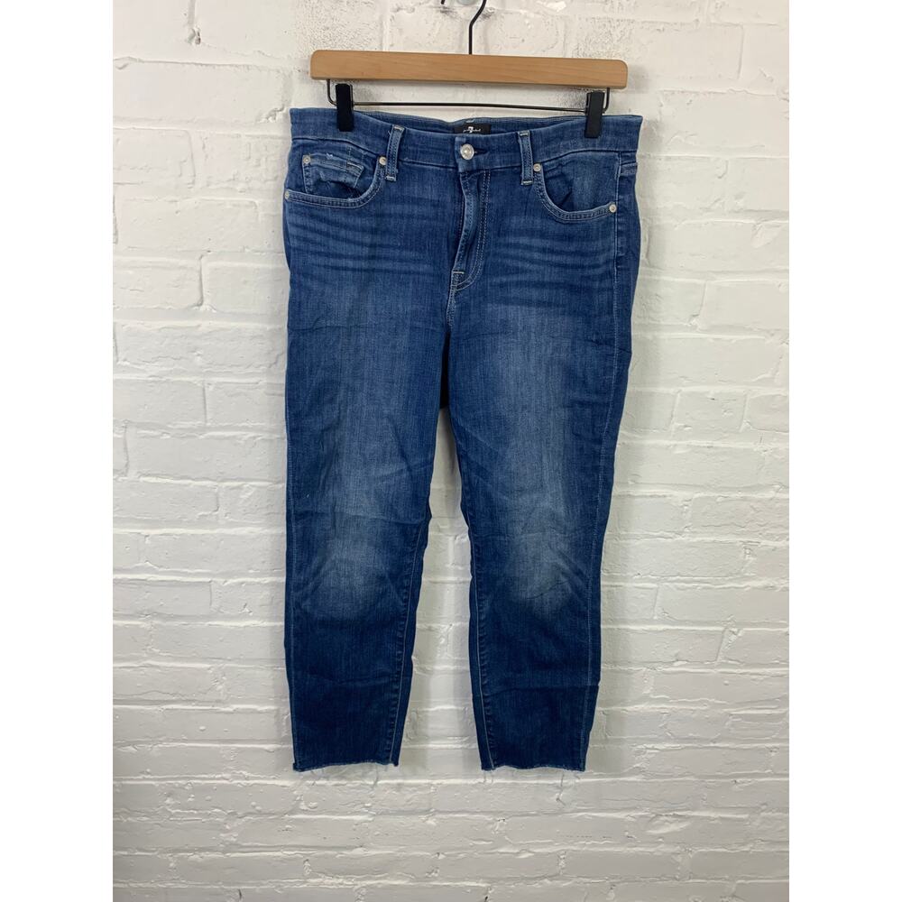 7 For All Mankind Women's High Rise Skinny Jeans Raw Hem Denim Blue Size 31